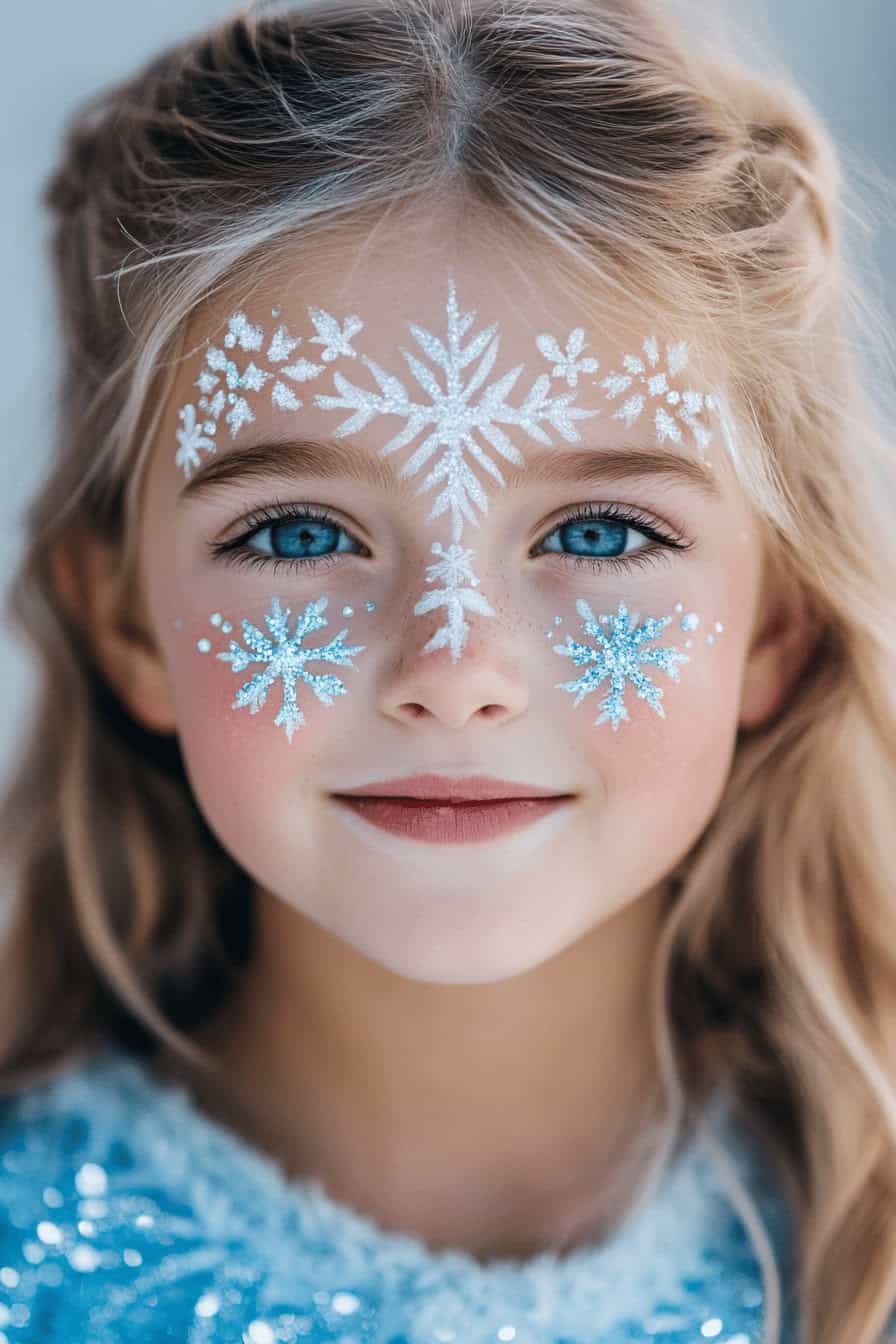 Mädchen mit Elsa-inspiriertem Kinderschminken und eisblauen Schneeflocken
