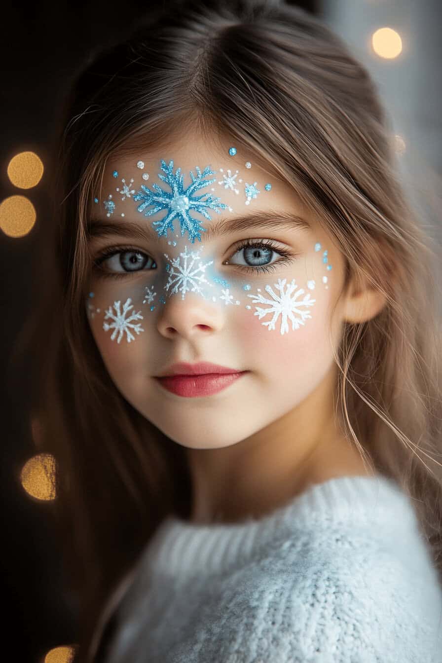 Mädchen mit Elsa-Kinderschminke und detaillierten Schneeflocken.