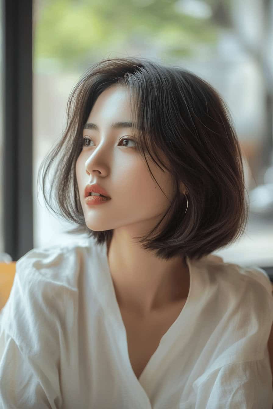 Frau mit mittellangem Bob und langen Seitensträhnen in einem weißen Hemd.