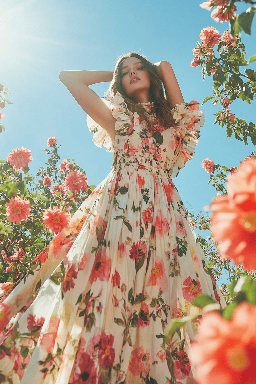 Frau in einem floralen Maxikleid umgeben von blühenden Sträuchern.