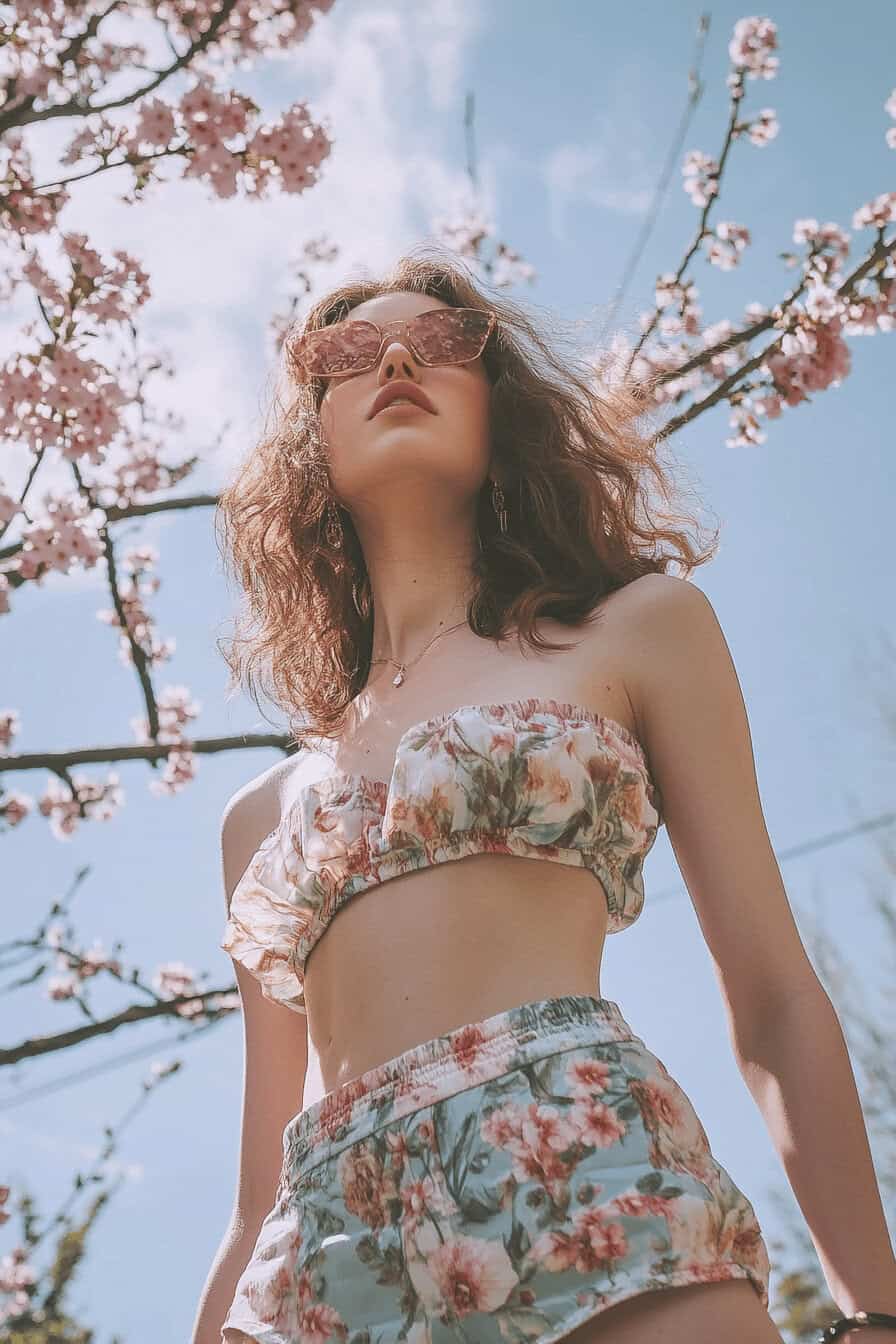 Frau im floralen Outfit unter blühenden Kirschbäumen.