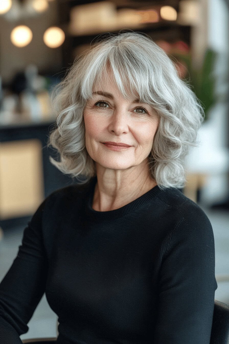 Ältere Frau mit silbergrauer, welliger Bob-Frisur und Fransen in einem modernen Raum.