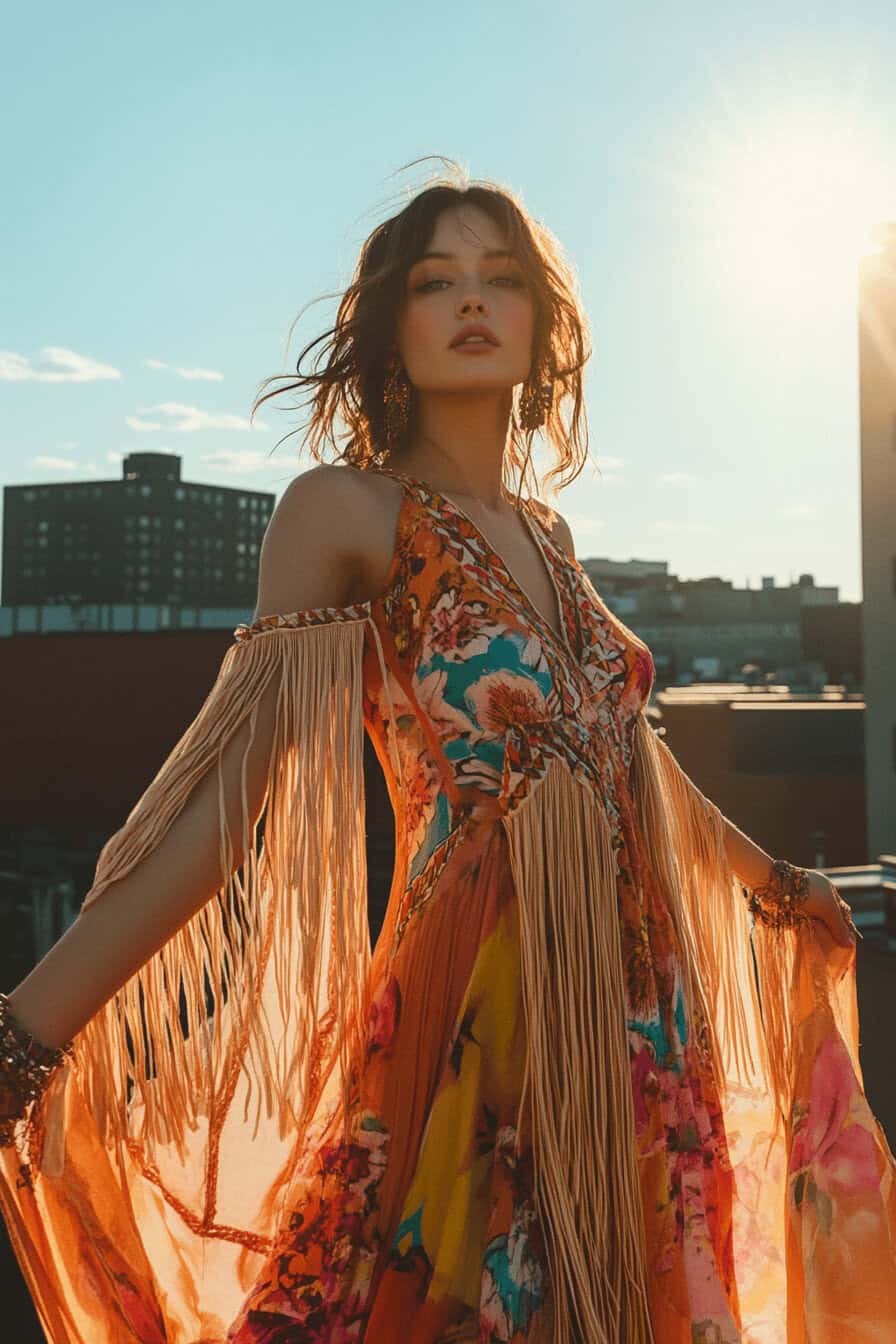 Frau in einem fransenbesetzten, blumigen Kleid bei Sonnenuntergang.