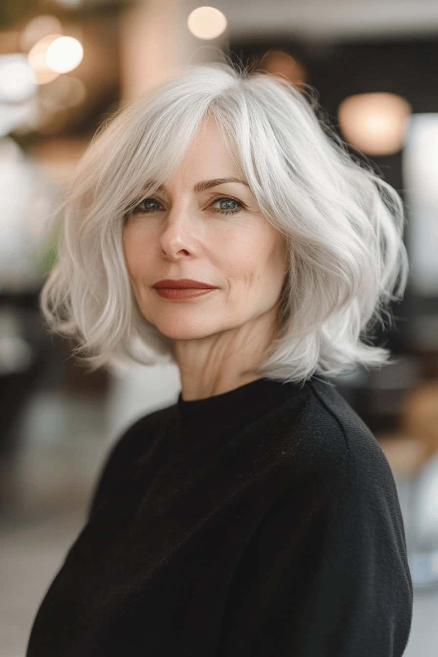 Ältere Frau mit gestuftem Bob und weißem Haar lächelt in die Kamera.