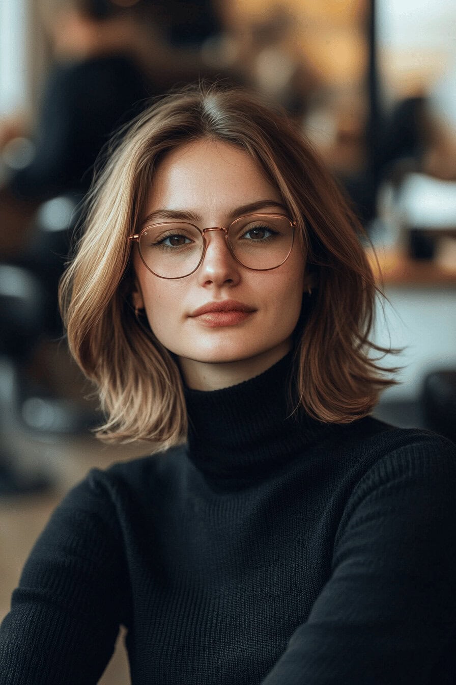 Frau mit mittellangem, welligem Haar und Brille.