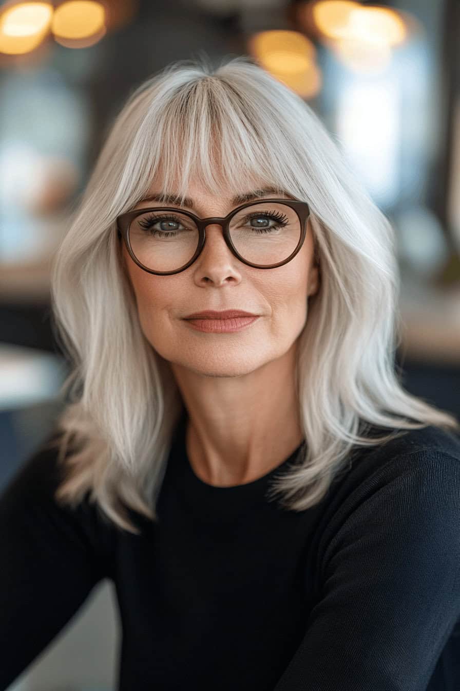 Frau mit grauem Haar und Pony, die eine Brille trägt.