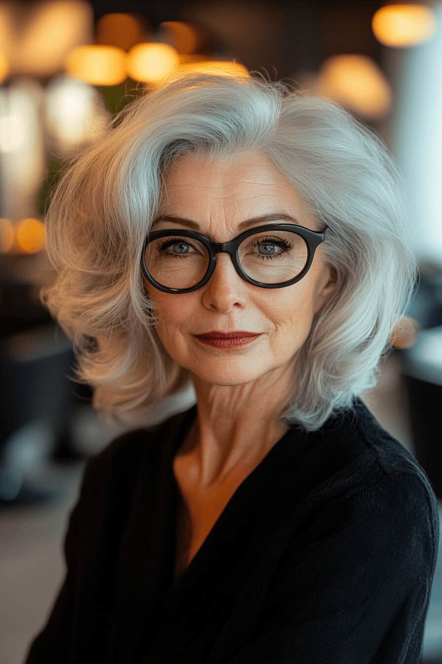 Frau mit voluminösem, grauem Haar und Brille.