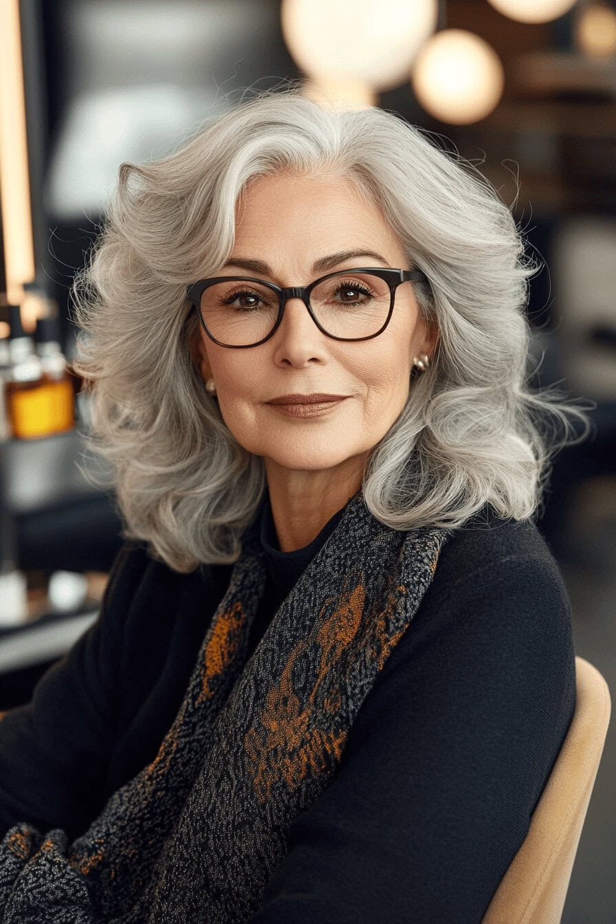 Frau mit grauen, welligen Haaren und Brille