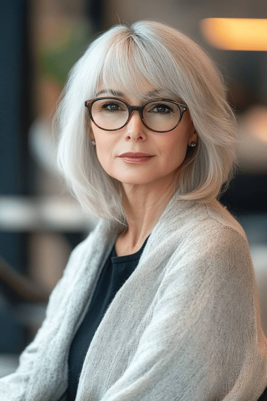 Frau mit grauem Haar und Brille, trägt einen schicken Pony.