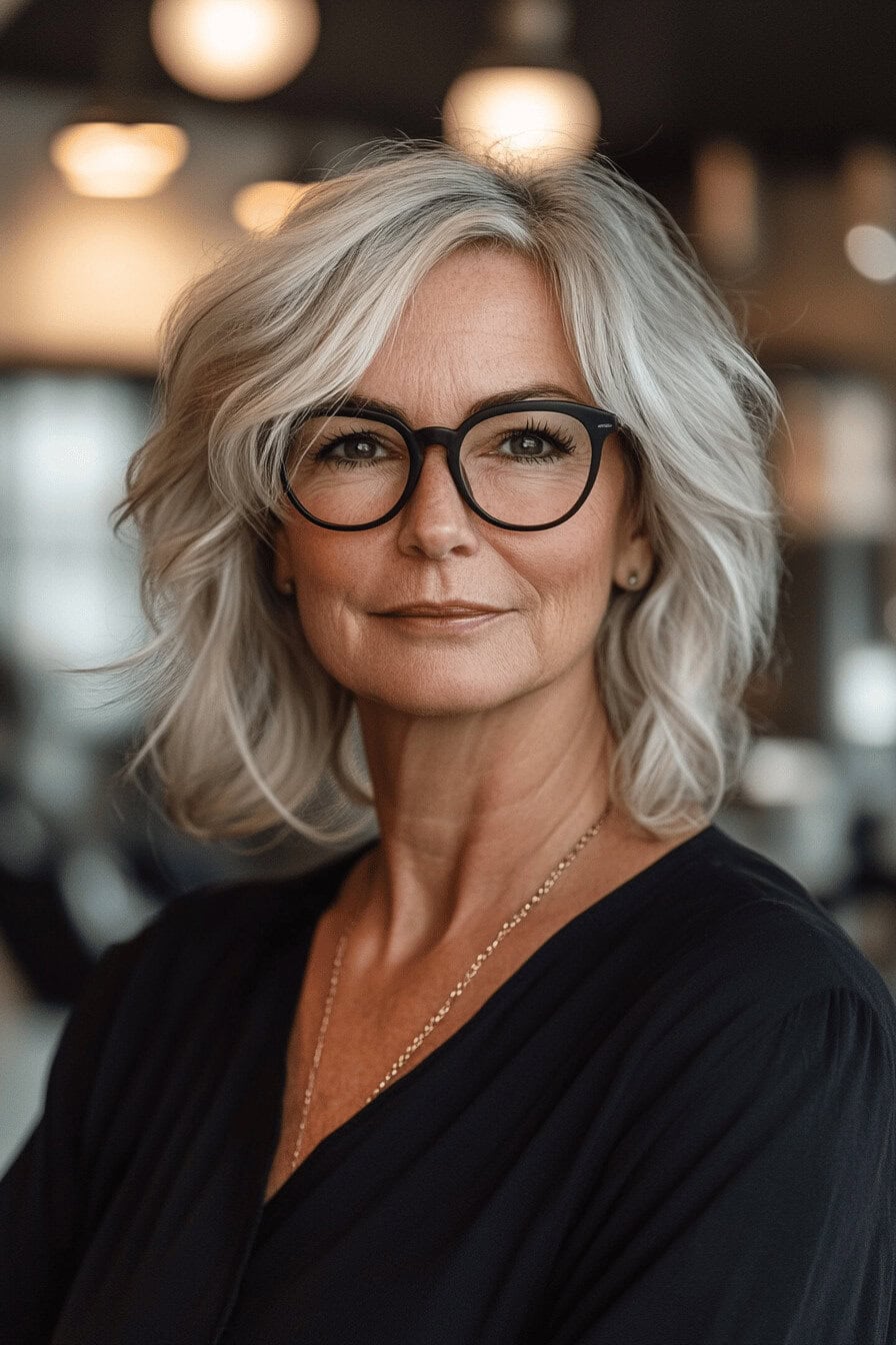 Ältere Frau mit schicker Brillenfassung und welligem, grauem Bob-Haarschnitt.
