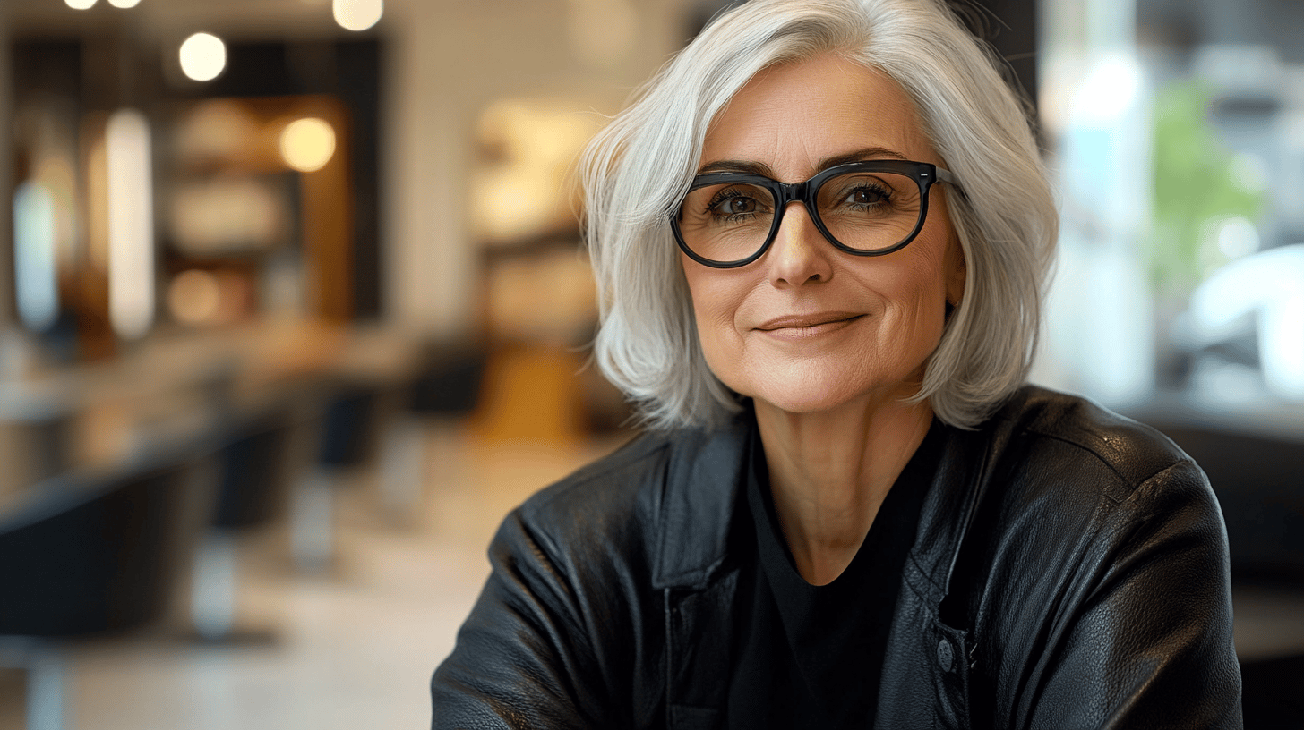 Lächelnde Frau mit Brille und grauen Haaren.