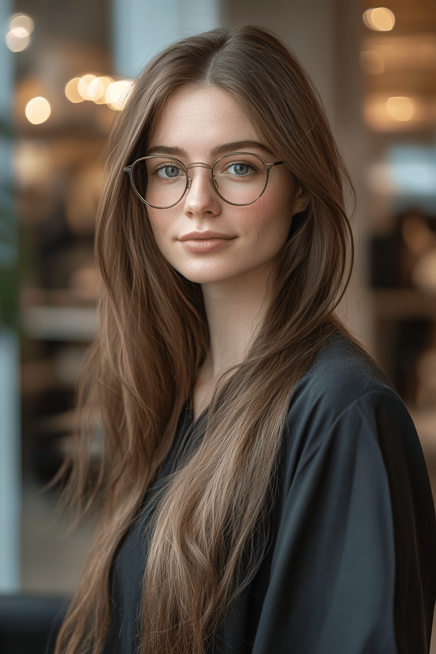 Frau mit langen Haaren und Brille.