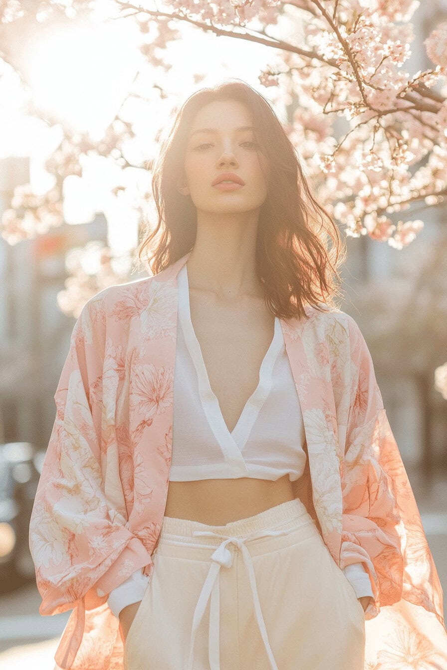 Frau in einem blumigen Kimono unter blühenden Kirschbäumen.