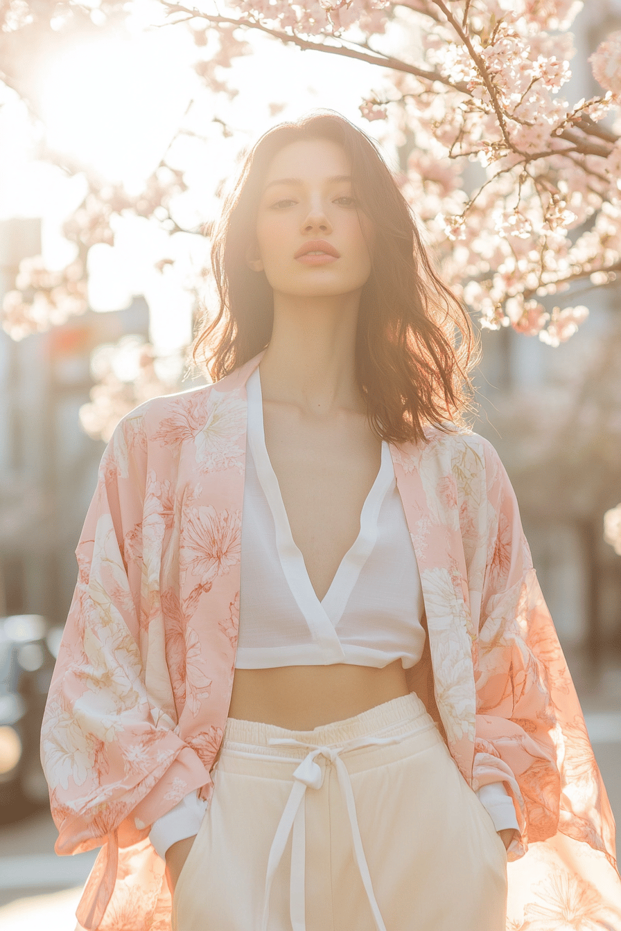 Frau in einem blumigen Kimono unter blühenden Kirschbäumen.