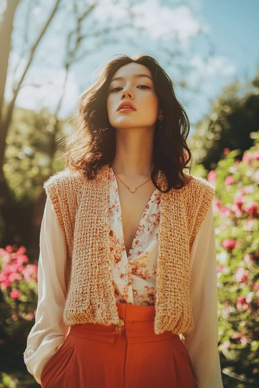 Frau in einer Strickweste und Blumenbluse im Frühling.