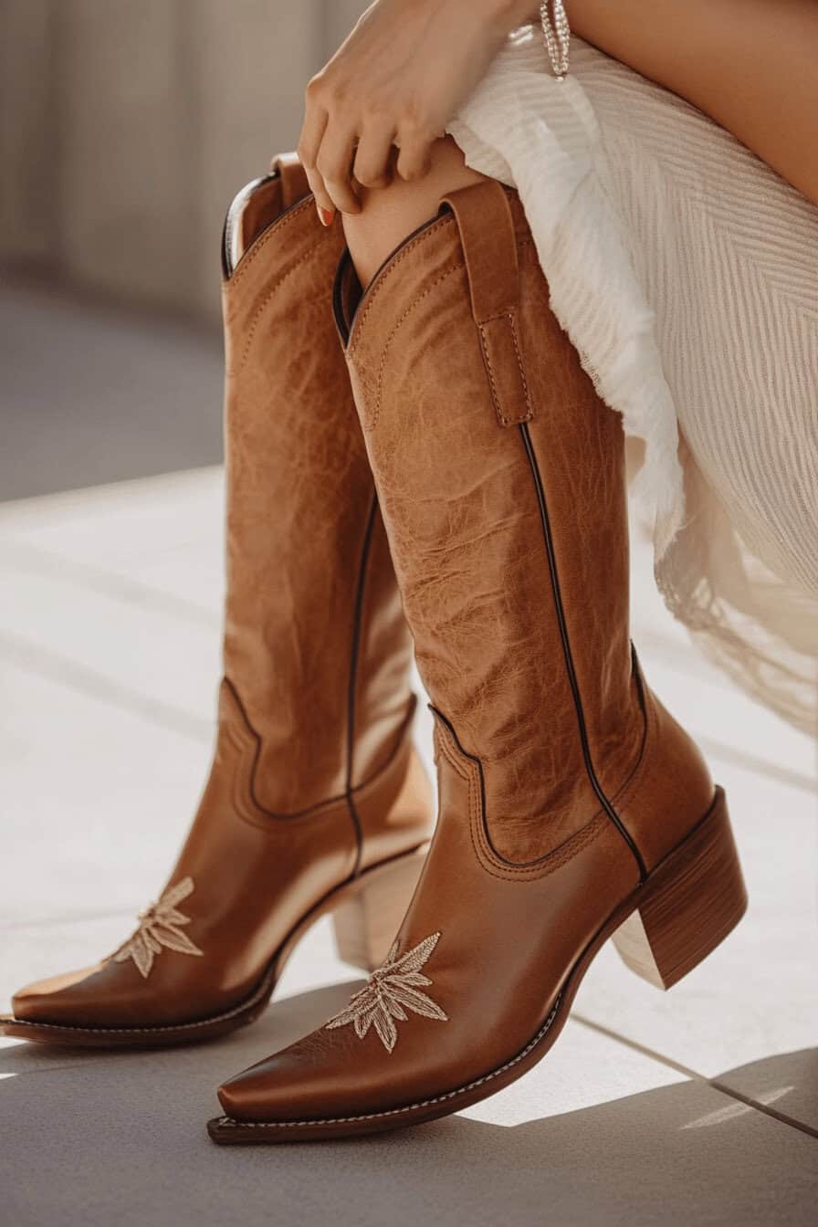 Nahaufnahme von braunen Cowboyboots zu einem weißen Kleid