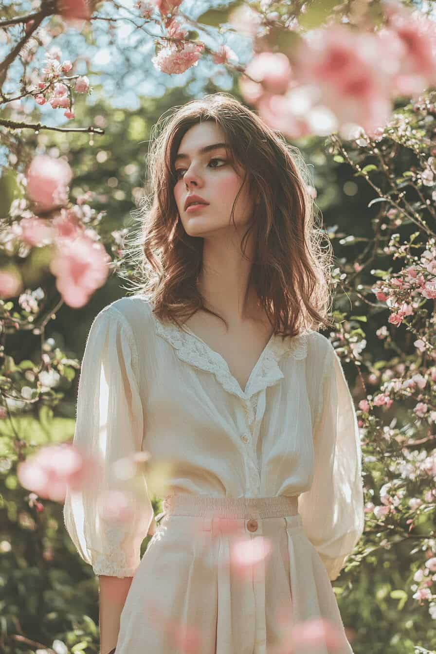 Frau in heller Bluse und Culottes steht inmitten von blühenden Kirschbäumen.