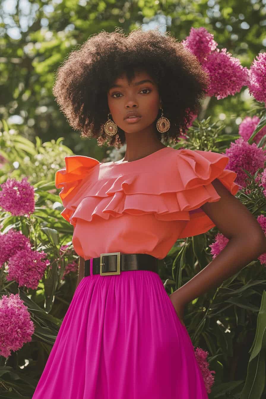 Frau im floralem Hintergrund, mit einem pinken Rock in A-Linienform und einem orangen Top.
