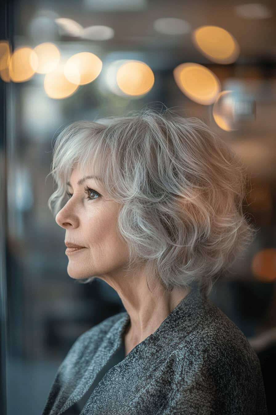 Frau mit gefiederter Bob-Frisur und grauen Haaren.