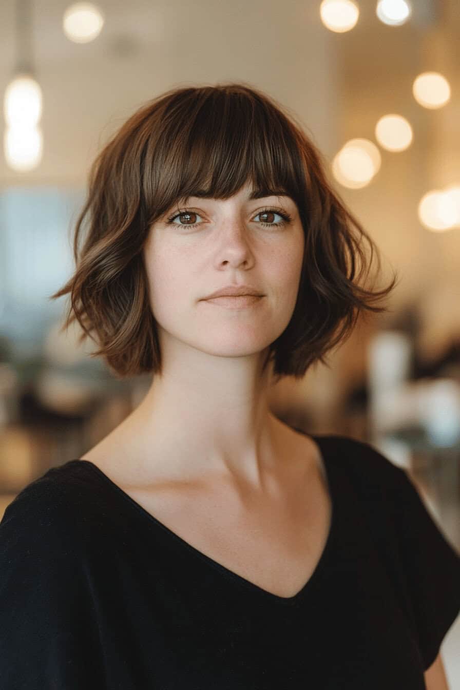 Frau mit geschichtetem Bob und Pony in einem hellen Raum.