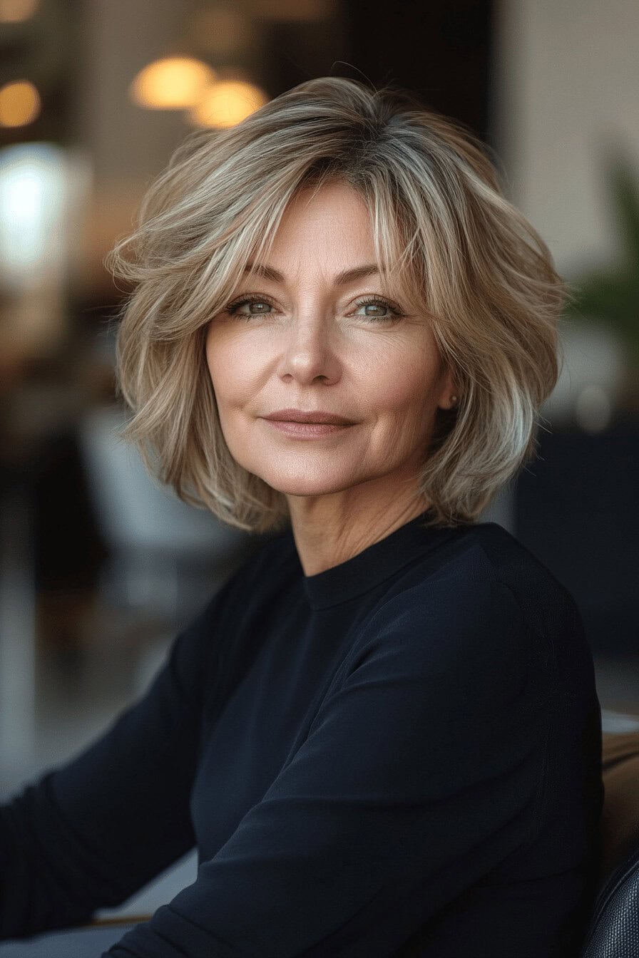 Frau mit geschwungenem Bob und gestuftem Haarschnitt.