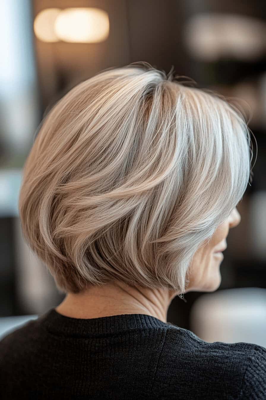 Eine seitliche Ansicht einer Frau mit gestapeltem Bob und grauen Haaren.
