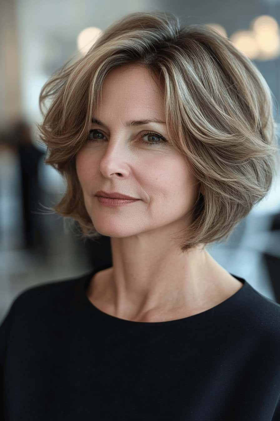 Frau mit einem gestuften Bob, der mit sanften Akzentfarben versehen ist.