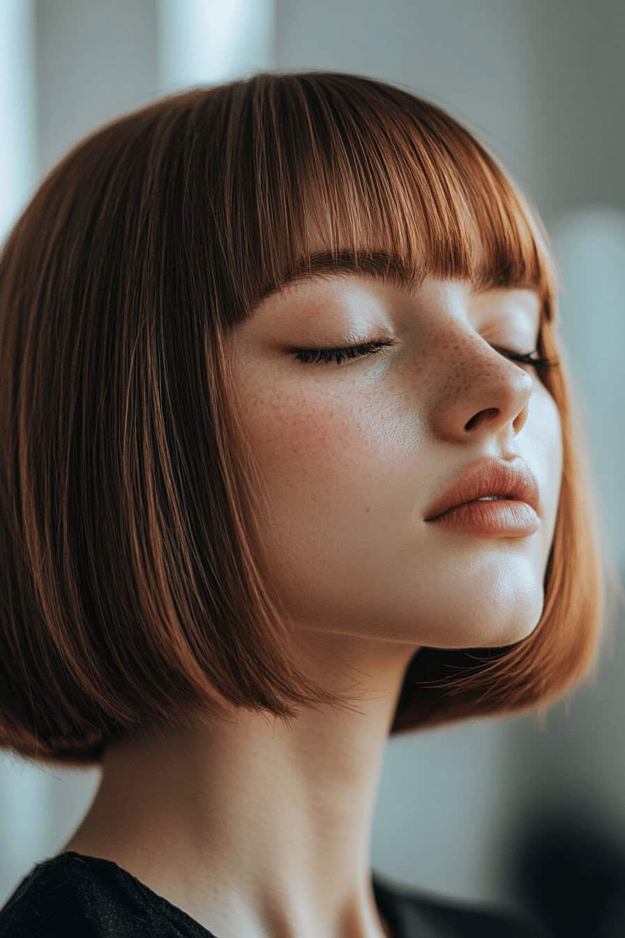 Nahaufnahme einer jungen Frau mit einem gestuften Bob und Fransen, die ihre Augen geschlossen hält.