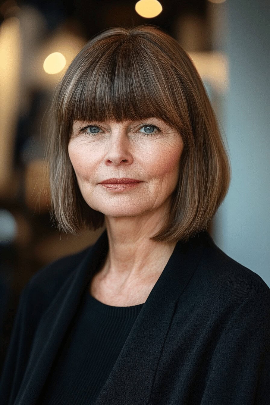 Ältere Frau mit gestuftem Bob und Pony.