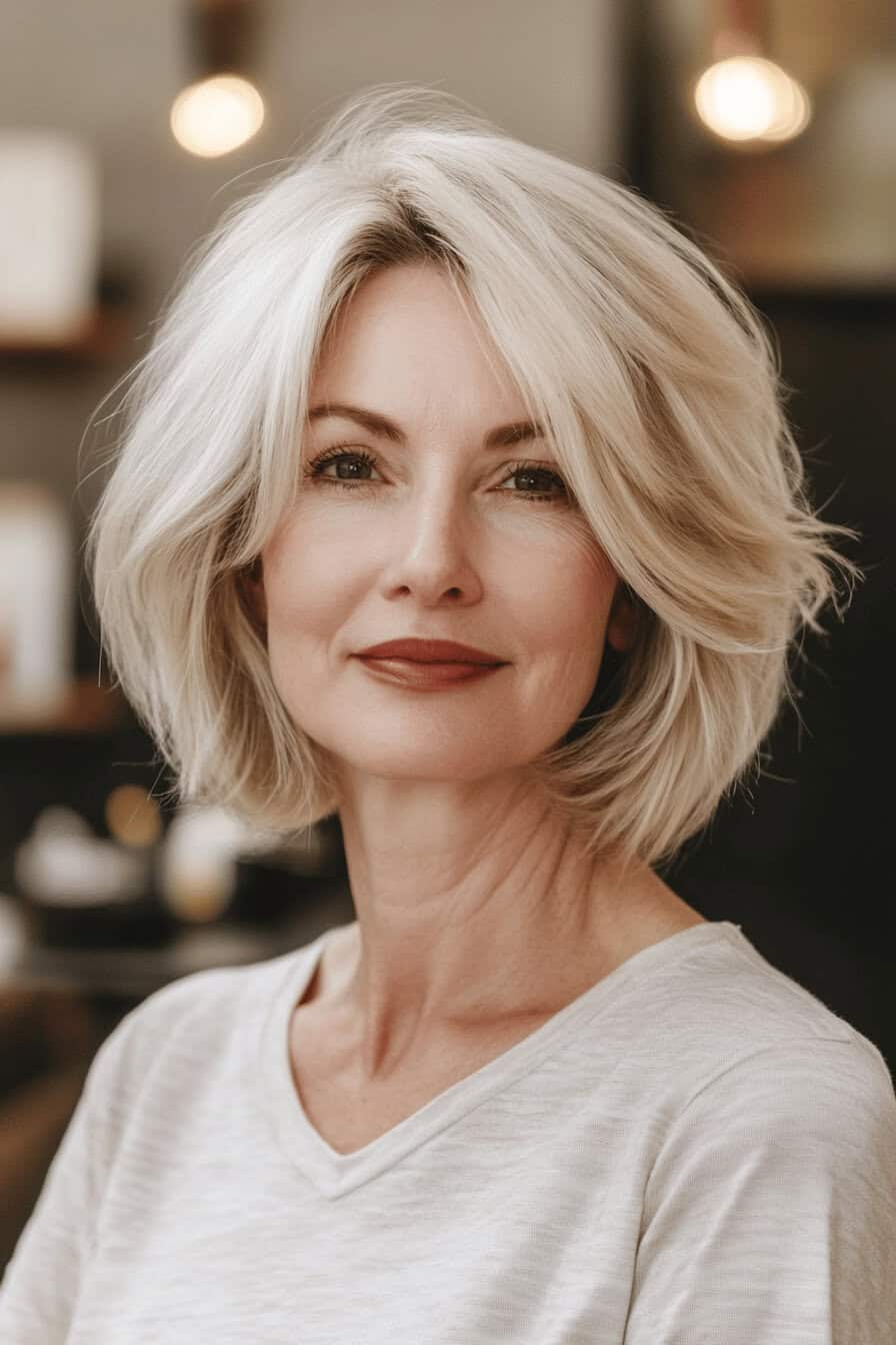 Frau mit gestuftem Bob und blonden Strähnchen.