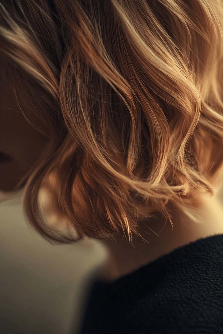 Nahaufnahme einer kinnlangen, gewellten Bobfrisur in warmen Brauntönen.