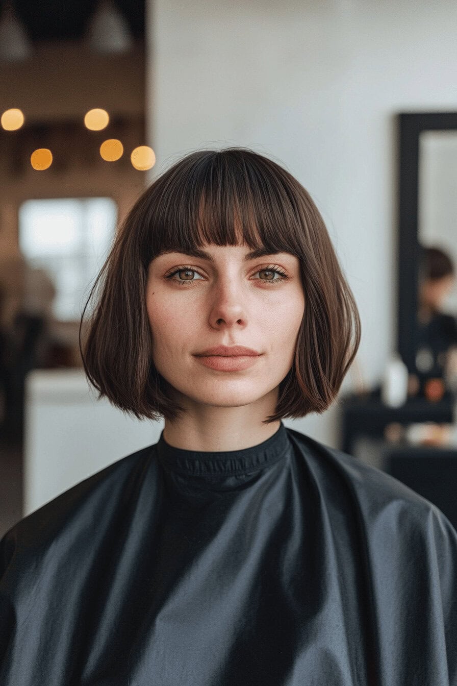 Frau mit glatter Bob-Frisur und Pony im Friseursalon.
