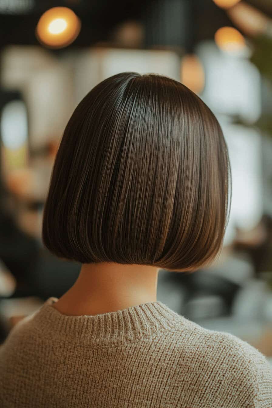 Nackenansicht einer Person mit glattem Bob und seitlichem Scheitel.