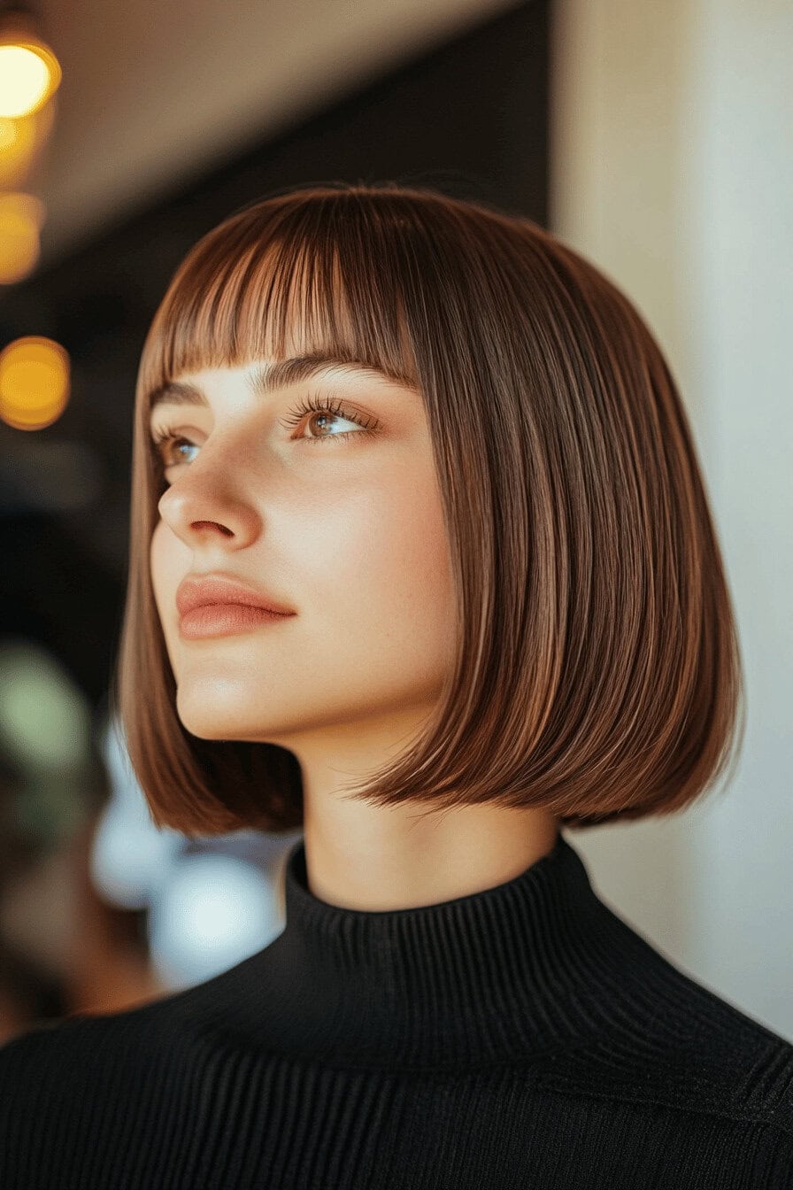 Eine Frau mit glattem Bob und Pony blickt nach oben.