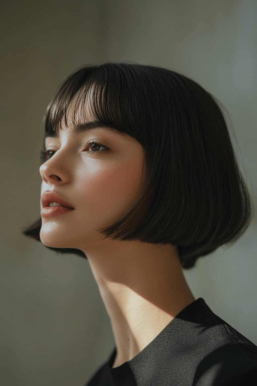 Frau mit glattem Blunt Cut Bob frisur.