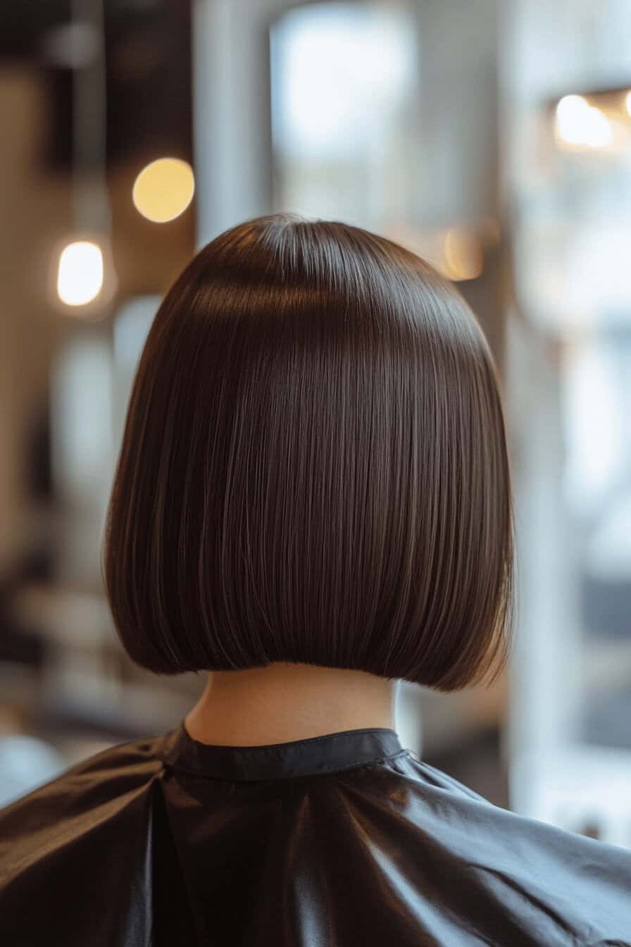 Eine Frau mit einem glatten, kinnlangen Bob und glänzendem Haar.