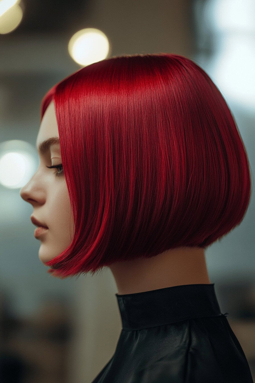 Nahaufnahme eines glatten, leuchtend himbeerroten Bob-Haarschnitts.