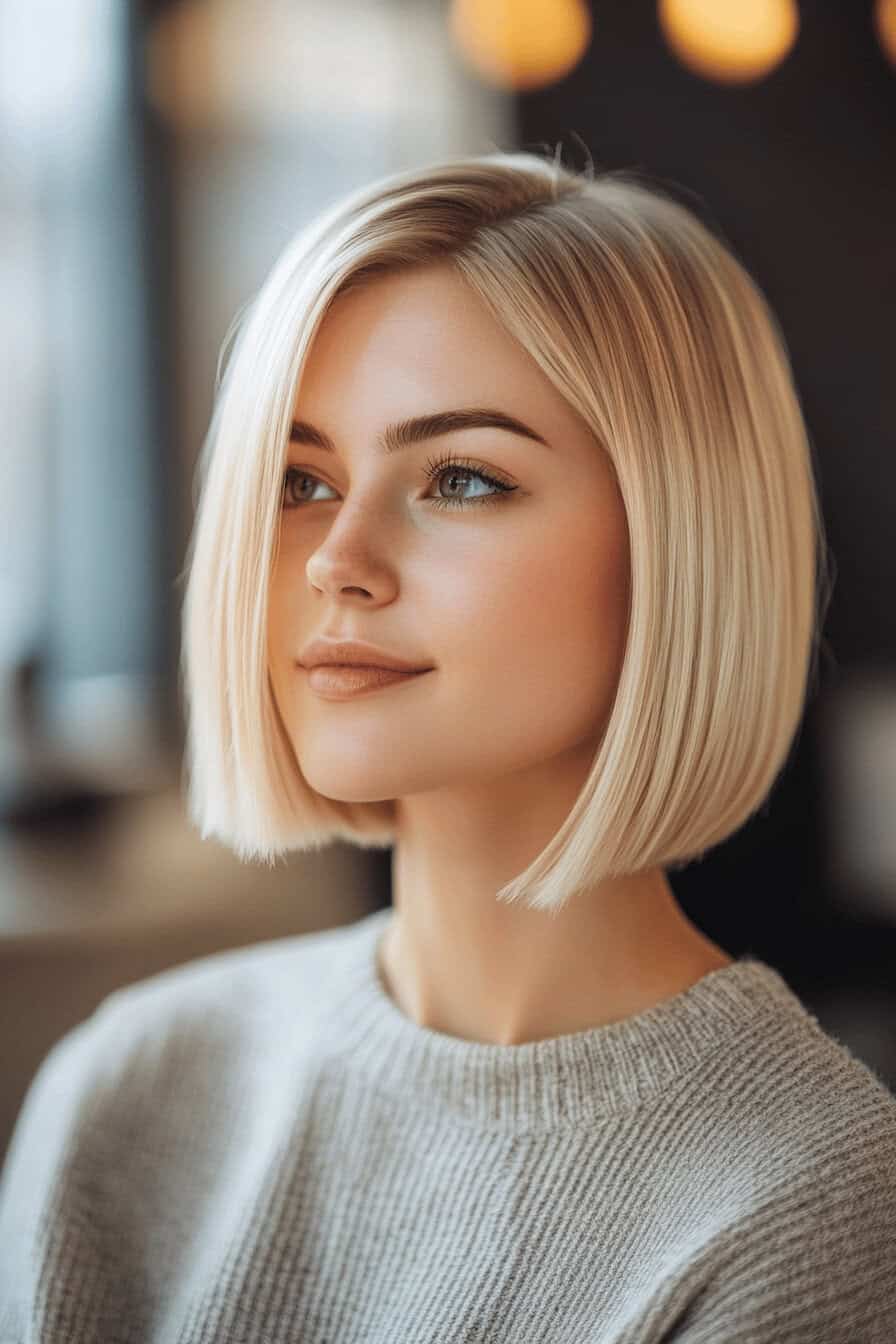 Frau mit blonder Graduation Bob Frisur im Profil.