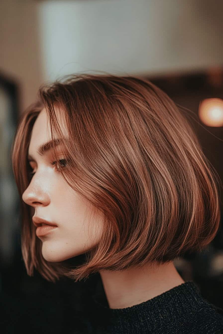 Frau mit schulterlangem, glattem Bob-Haarschnitt, Seitenansicht.