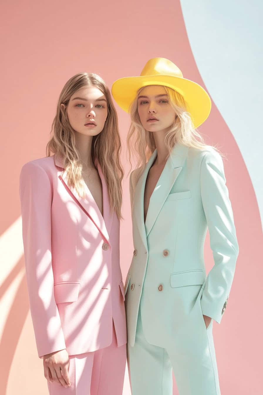 Zwei Frauen in pastellfarbenen Hosenanzügen vor einer farbigen Wand.