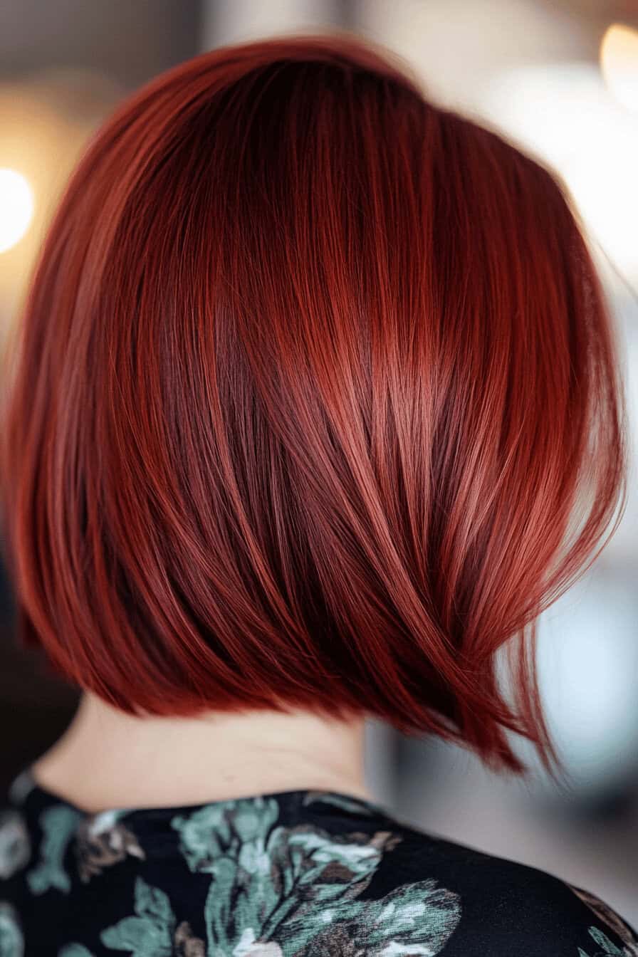 Nahaufnahme eines invertierten Bobs in lebendigem Rubinrot.