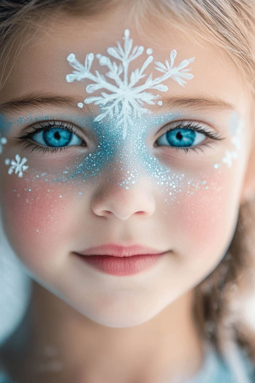 Kind mit Elsa-Schminke in Blau und Weiß mit Schneeflockenmotiv.