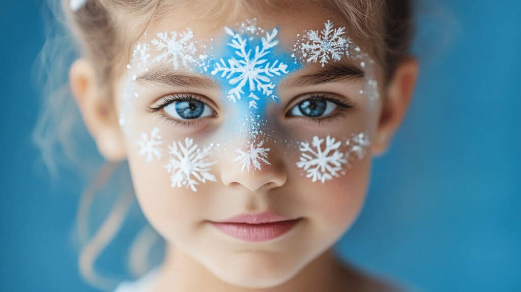 Kind mit Schneeflocken-Gesichtsbemalung vor blauem Hintergrund