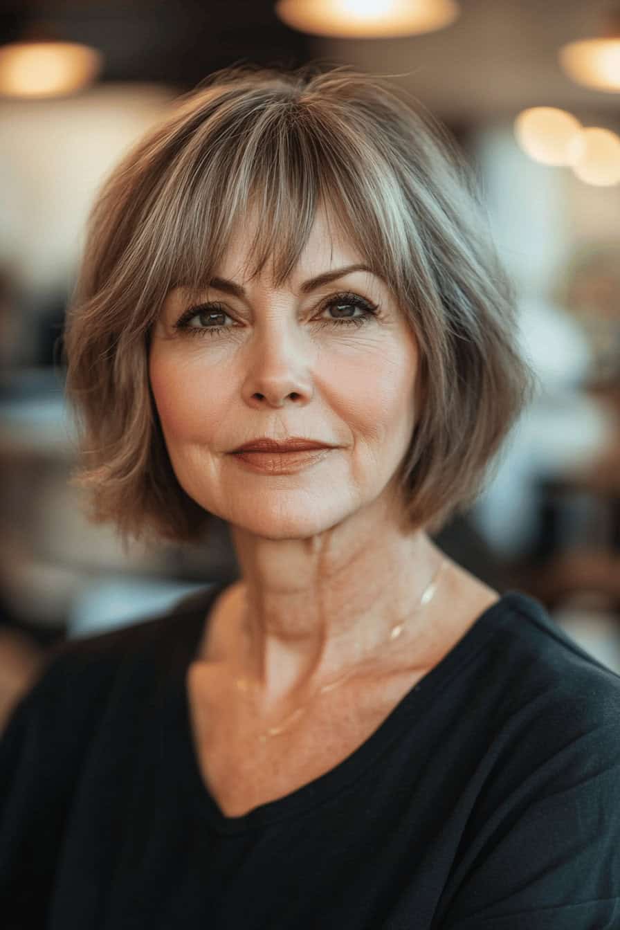 Dame mit kinnlangem gestuftem Bob und lächelndem Ausdruck.