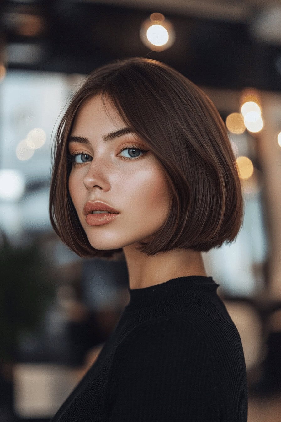 Eine Frau mit kinnlangem Bob und sanften hellen Akzenten.