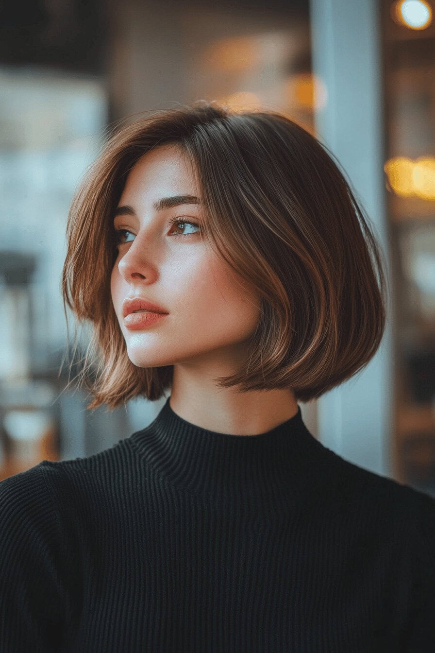 Frau mit stufigem, kinnlangem Bob in stilvoller Pose.