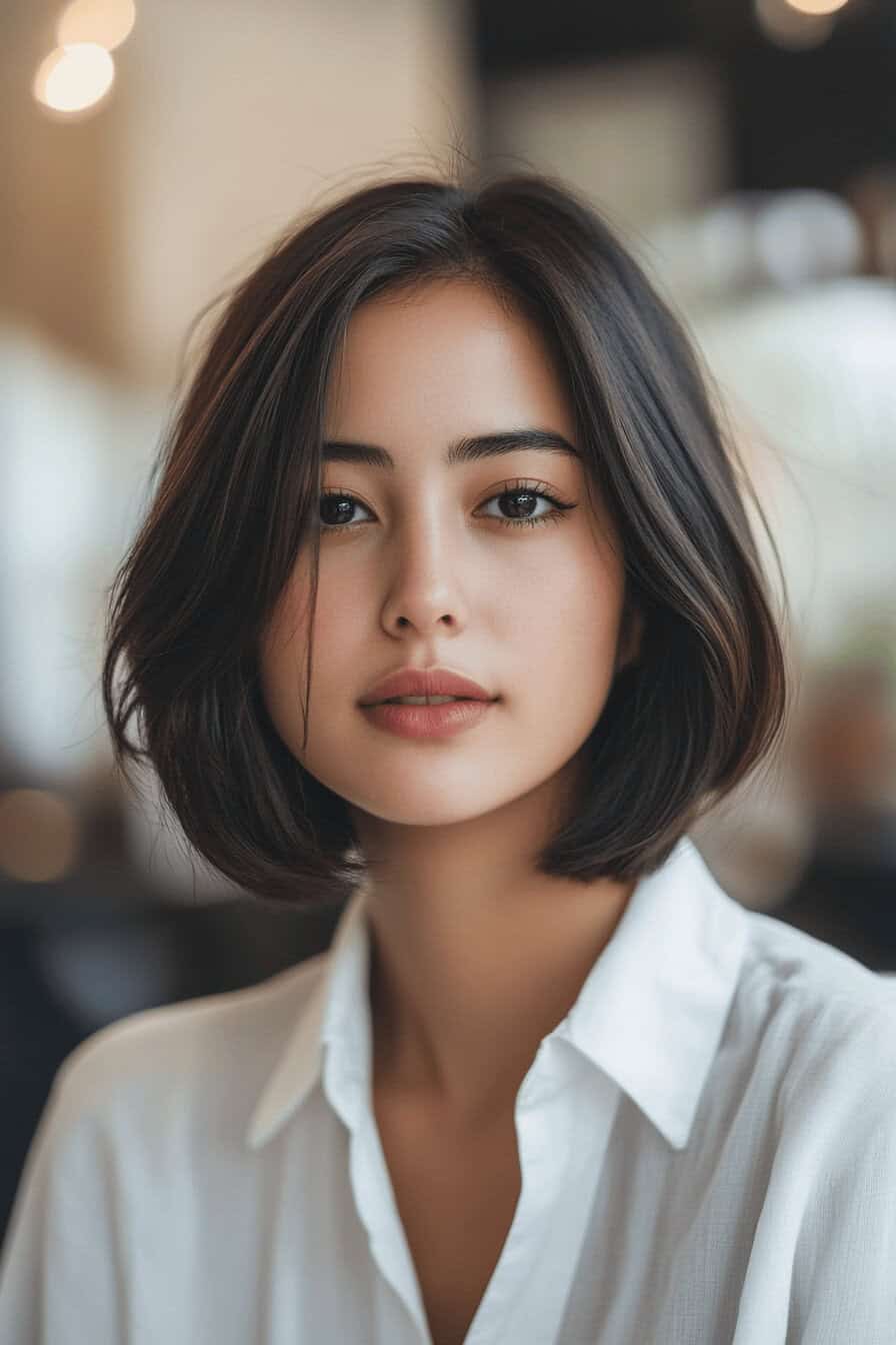 Frau mit kinnlanger Bob Frisur im natürlichen Licht.