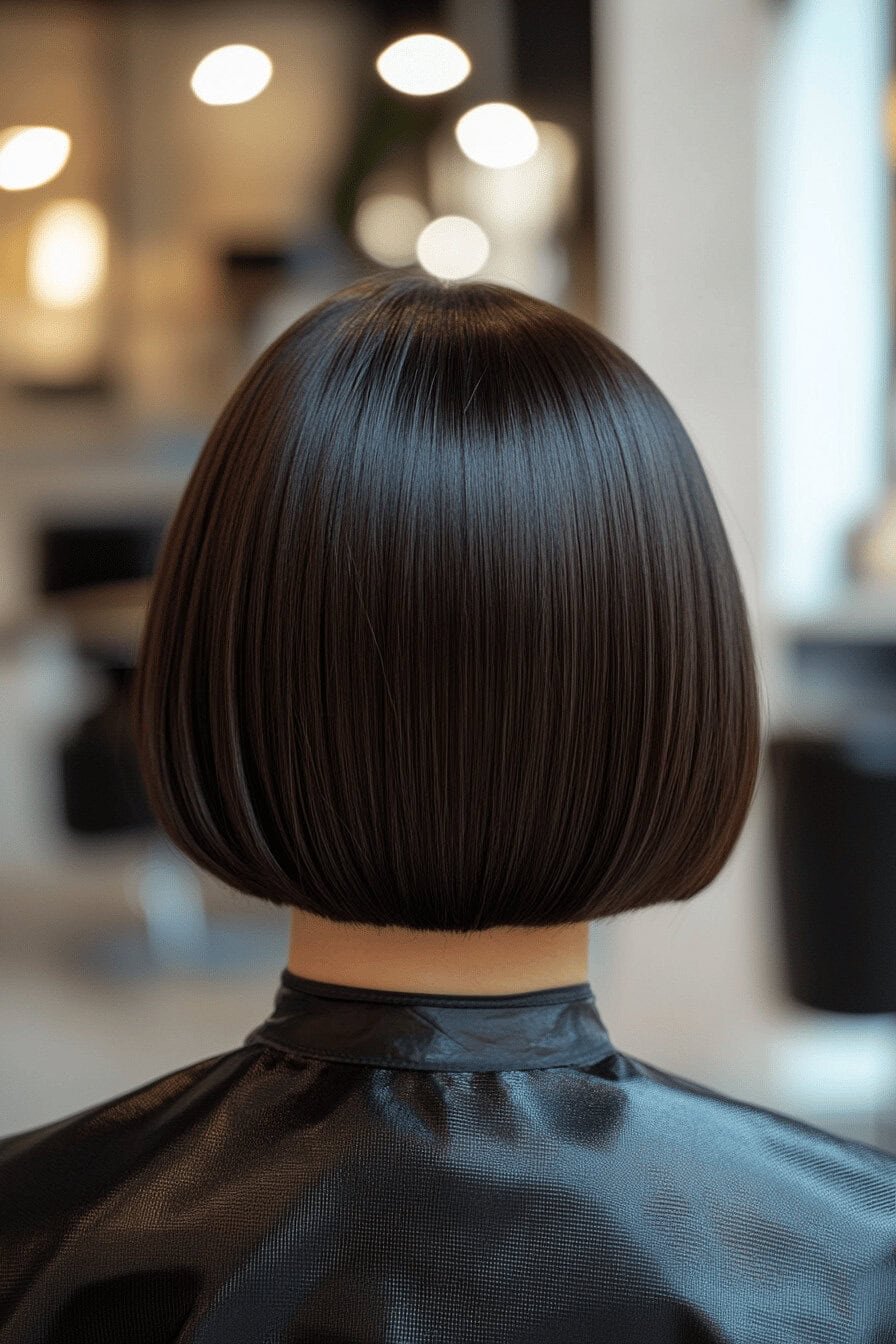 Rückansicht eines glänzenden, kinnlangen Bob-Haarschnitts in einem modernen Salon.