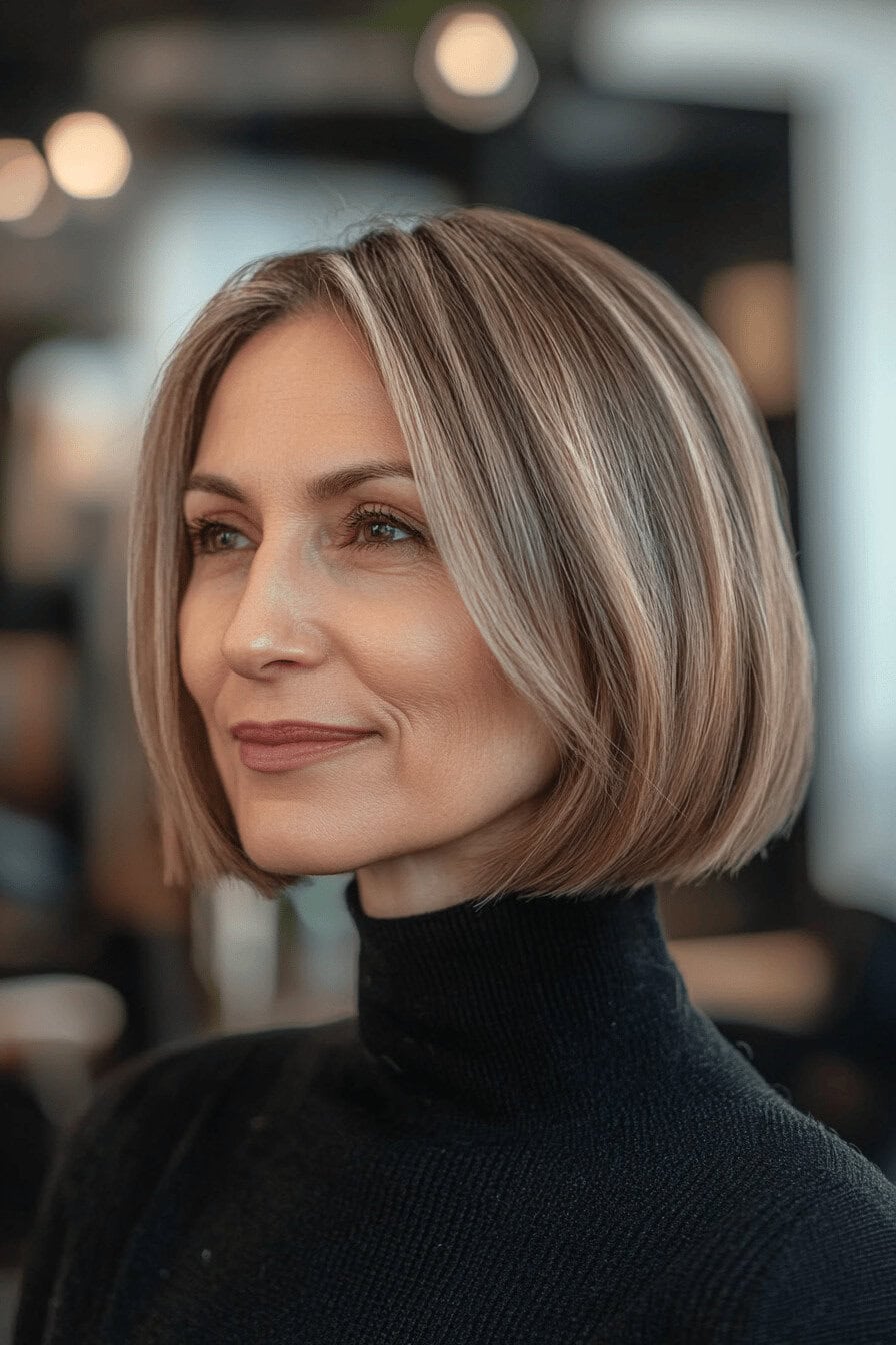 Frau mit kinnlangem Bob und Mittelscheitel.