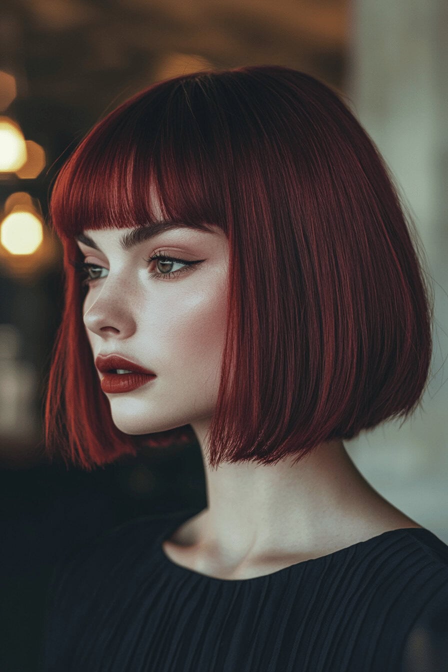 Frau mit kirschrotem Bob und Pony, stilvolle Frisur.